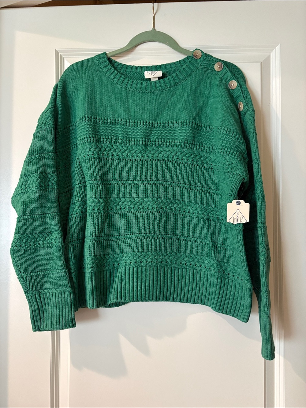 St. John's Bay Emerald Green Cable-Knit Button-Shoulder Sweater